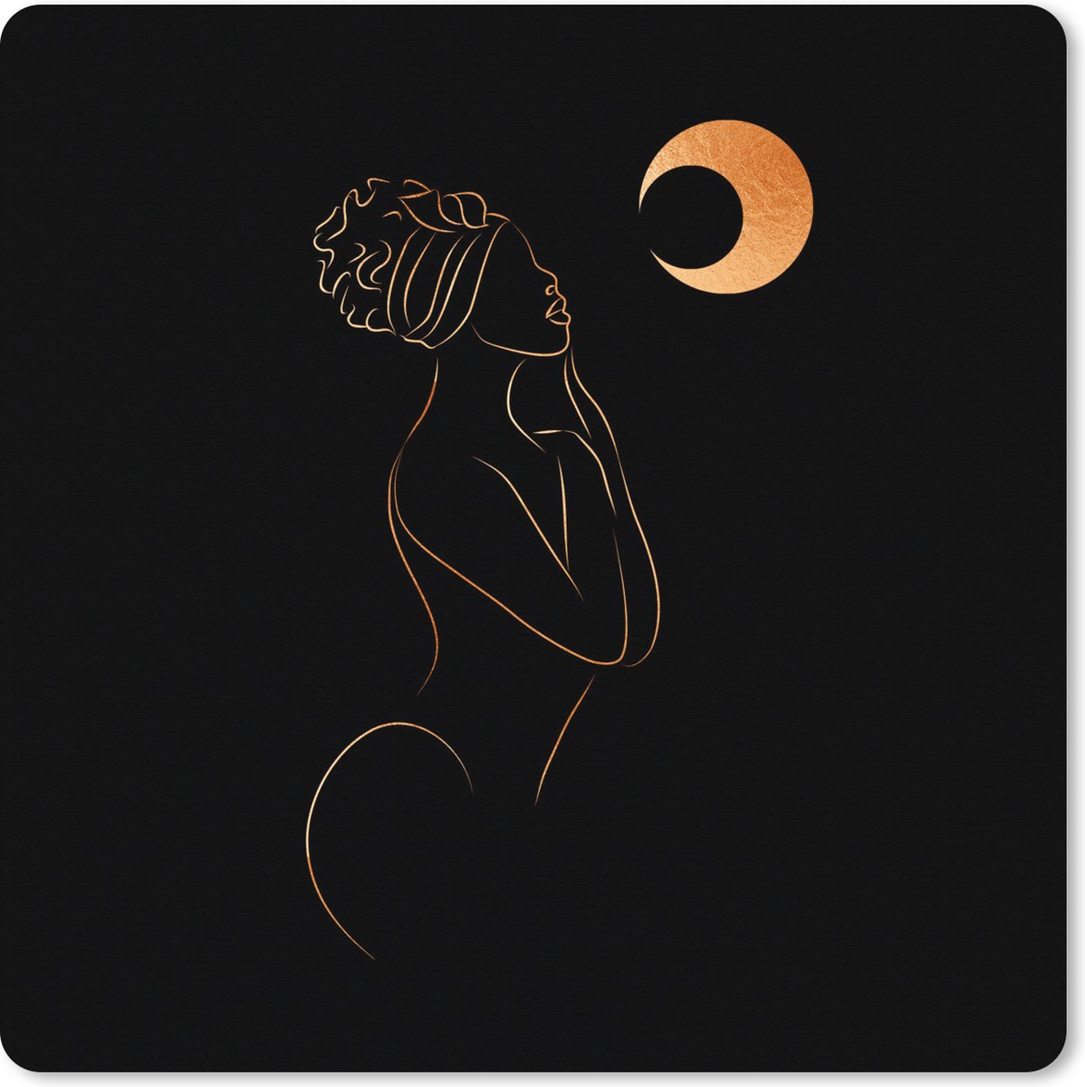 Muismat XXL - Bureau onderlegger - Bureau mat - Vrouw - Maan - Black and gold - Line art - 80x80 cm - XXL muismat