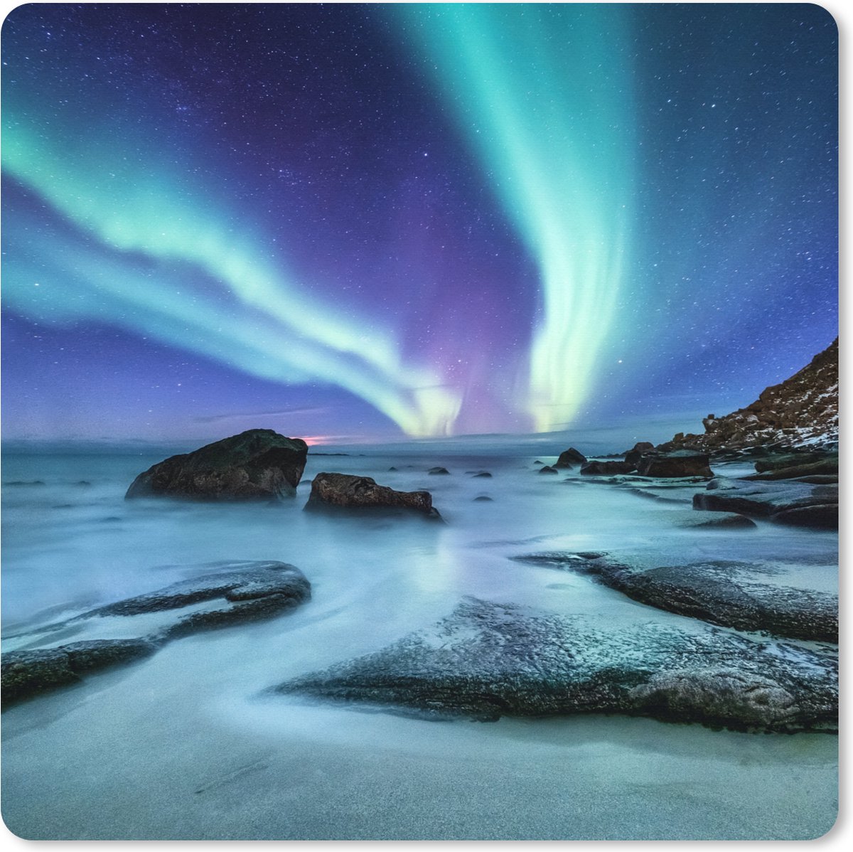 Muismat XXL 80x80 cm - Bureau onderlegger - Bureau mat Noorderlicht - Landschap - Lofoten - Bureaumat - Gaming mousepad xl - Bureaulegger groot - Computer deskmat