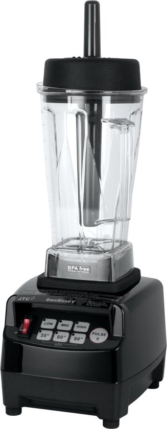 Zwarte blenderbasis met transparante kan, zwart deksel, maatstrepen en BPA-vrij logo.