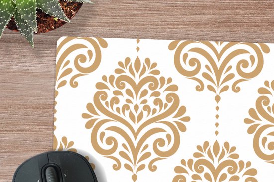 Muismat XXL 80x80 cm - Bureau onderlegger - Bureau mat Vintage - Bloemen - Goud - Design - Bureaumat - Gaming mousepad xl - Bureaulegger groot - Computer deskmat