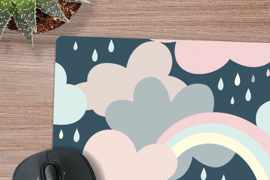 Muismat XXL 80x80 cm - Bureau onderlegger - Bureau mat Regenboog - Wolk - Regen - Kinderen - Patronen - Bureaumat - Gaming mousepad xl - Bureaulegger groot - Computer deskmat