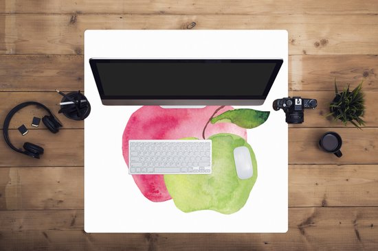 Muismat XXL 80x80 cm - Bureau onderlegger - Bureau mat Appels - Aquarel - Wit - Bureaumat - Gaming mousepad xl - Bureaulegger groot - Computer deskmat