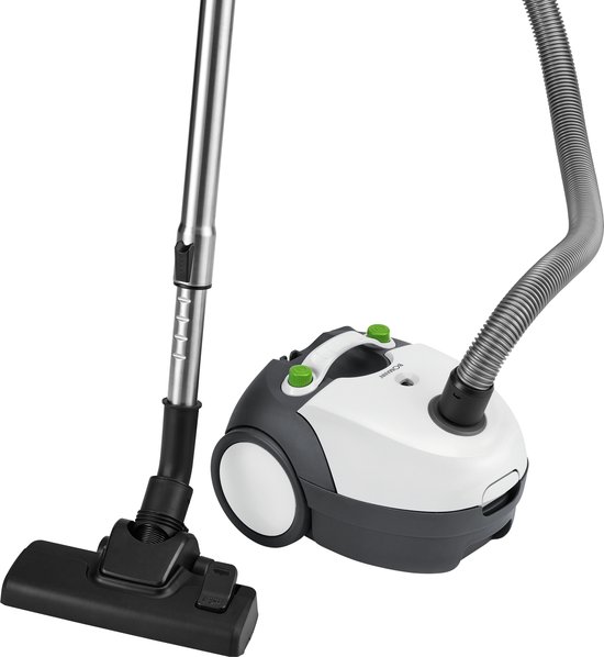Witte en antracietkleurige stofzuiger met groene knoppen en een gebogen slang.