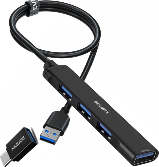 Afbeelding van Sounix USB 3.0 Hub - USB Splitter - 4 Poort - Kabel van 30cm - Aluminium - Zwart - UAH43000