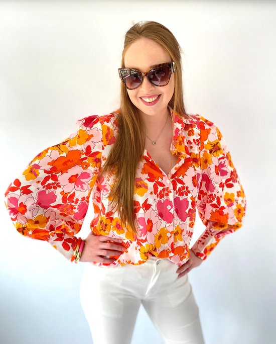 Bloemen blouse, multi colour blouse, vrolijke blouse, pofmouw, dames, maat  S | bol.com