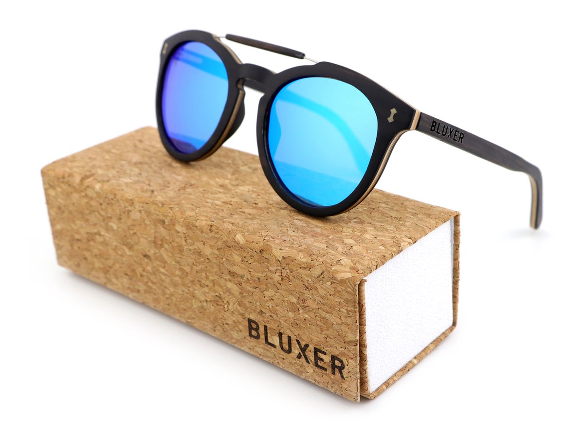 Bluxer® Zonnebril - Hippe Zonnebril Gepolariseerd - UV400 Lens - Metal Frame - Ebony Wood - Ice Blue Lens