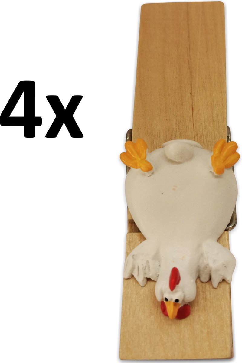 Paolo Chiari - set van 4 - papierklem - memohouder - grote wasknijper met kip -polystone plus hout - Italiaans design - handwerk