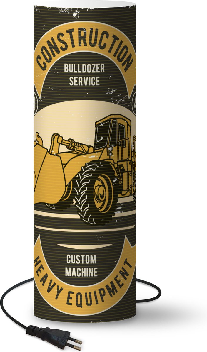 Lamp - Nachtlampje - Tafellamp slaapkamer - Bulldozer - Vintage - Tekening - 70 cm hoog - Ø22.3 cm - Inclusief LED lamp