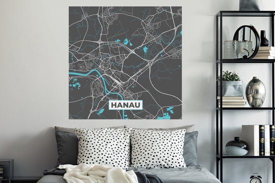 Muurstickers - Sticker Folie - Blauw – Duitsland – Plattegrond – Stadskaart – Kaart – Hanau - 120x120 cm - Plakfolie - Muurstickers Kinderkamer - Zelfklevend Behang XXL - Zelfklevend behangpapier - Stickerfolie