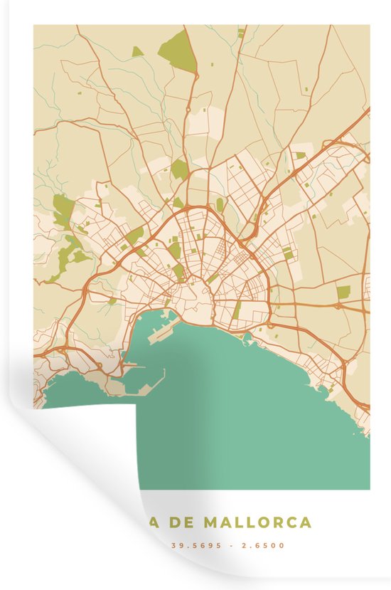 Stickers muraux - Carte - Majorque - Plan de la ville - Vintage - Carte - 20x30 cm - Feuille adhésive