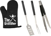 Ensemble d'outils pour BBQ/ barbecue 3 pièces en acier inoxydable - Avec gant de BBQ The Grillfather - Cadeau papa / Vaderdag