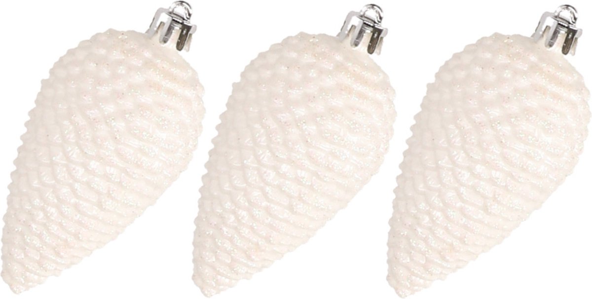 Decoris 6x stuks kunststof dennenappels kerstballen 8 cm parelmoer wit glitter - Kerstboomversiering