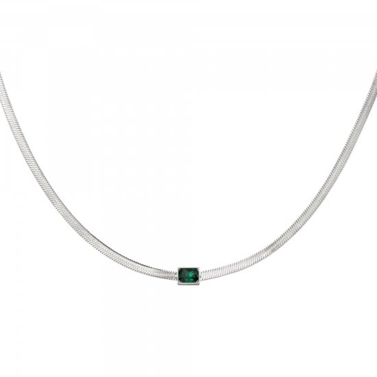 Ketting - Collier - Squared Beads - Zilverkleurig - Groen