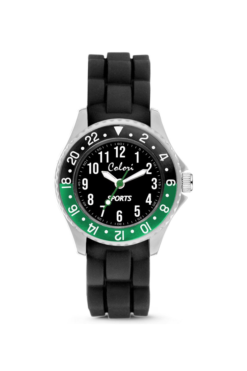 Colori 5-CLK128 Kinderhorloge - Sport - 30 mm - Siliconen band - Verstelbaar van 15 t-m 19cm - Groen - Zwart