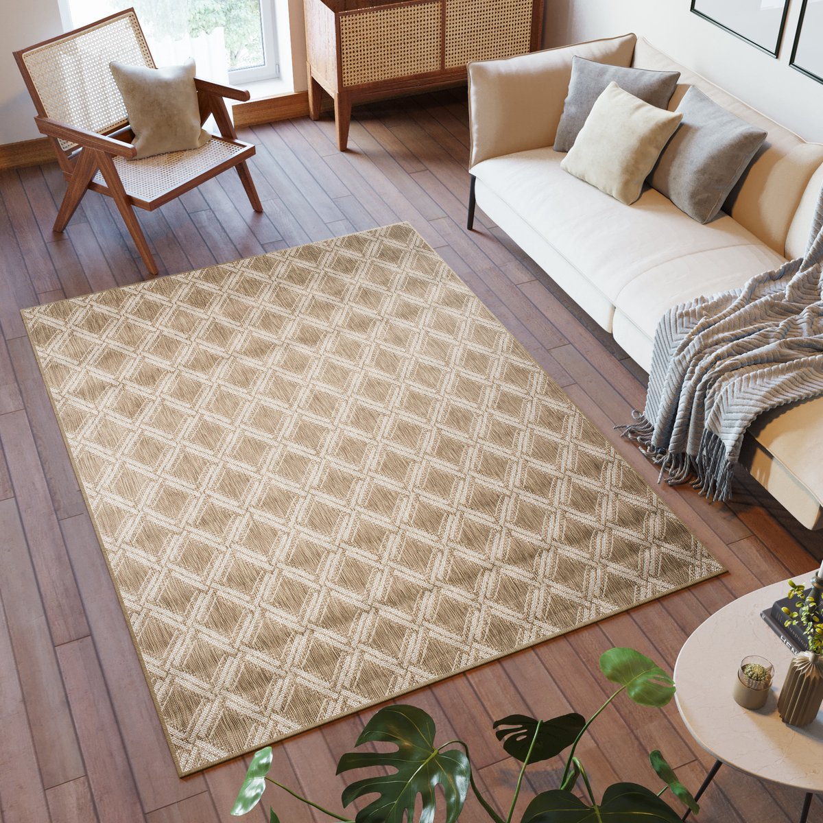 Tapiso Capri Vloerkleed Indoor Outdoor Woonkamer Tuintapijt Binnen Maat- 80x150 Lichtbruin Creme