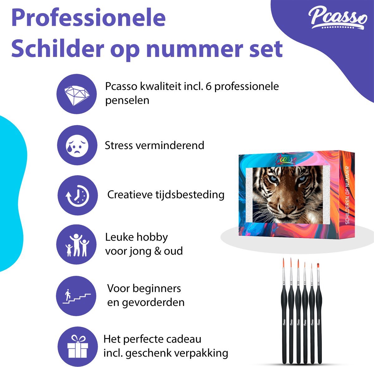 Pcasso ® Tijger Groen - Incl. 3 Penselen & Geschenkverpakking - Schilderen Op Nummer Volwassenen – Schilderen Op Nummer Dieren – Kleuren Op Nummer – 40x50 cm – Professionele 26-Delige Set — afbeelding 2