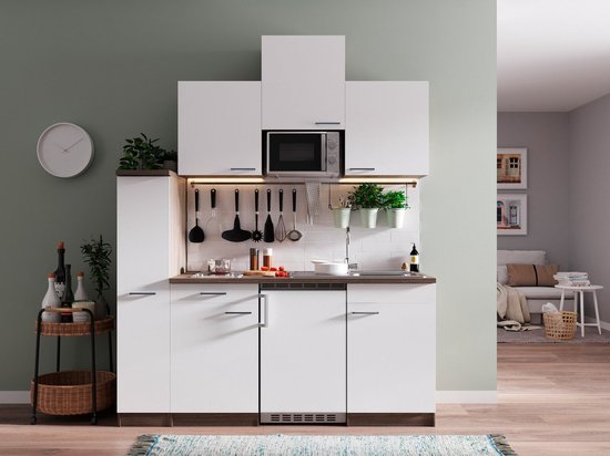 Goedkope keuken 180  cm - complete kleine keuken met apparatuur Oliver - Donker eiken/Rood - elektrische kookplaat  - koelkast        - magnetron - mini keuken - compacte keuken - keukenblok met apparatuur