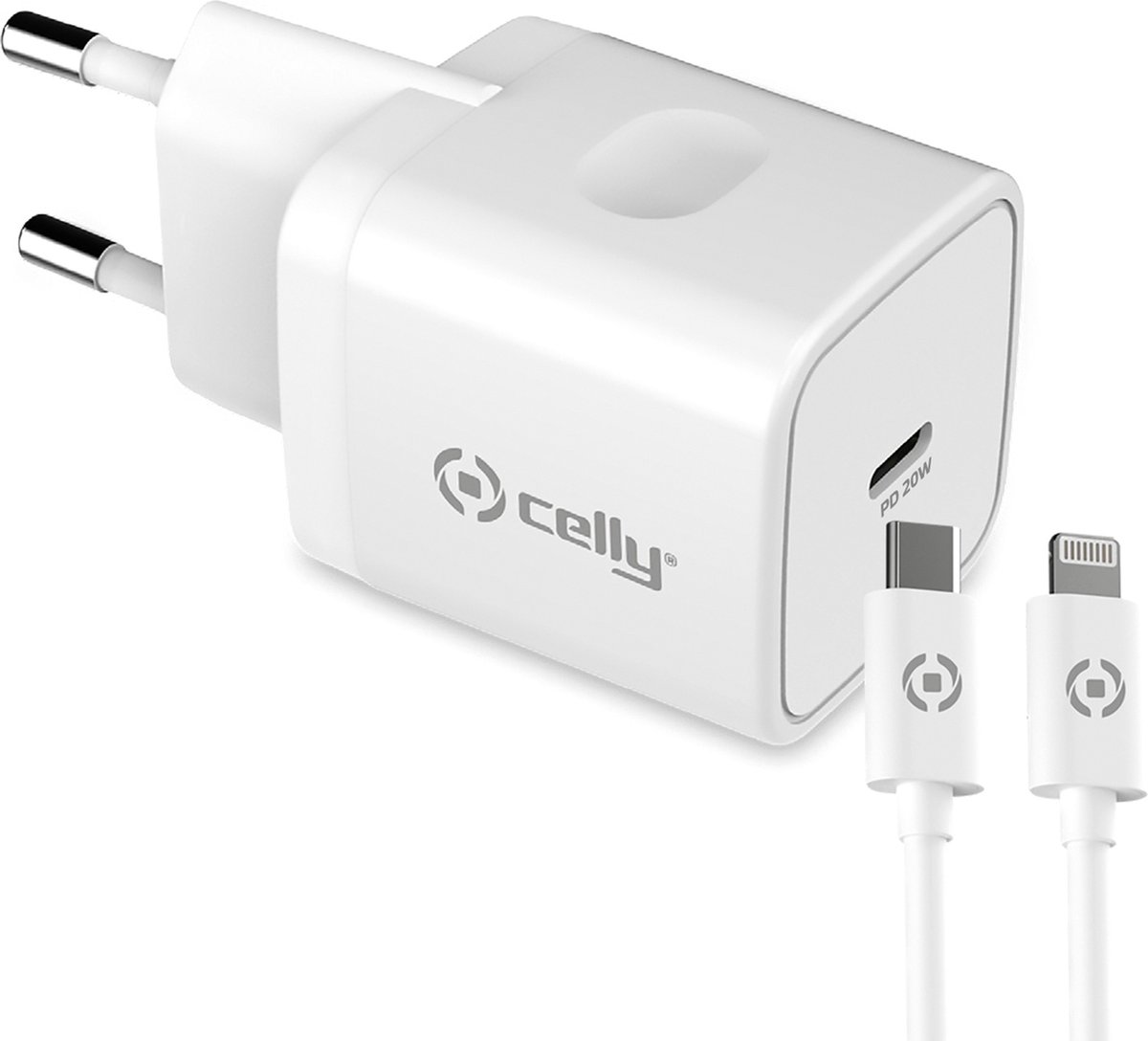Bol.com Celly Thuislader USB-C + USB-Cnaar USB-C kabel – 20 Watt - 1 Meter- Wit aanbieding