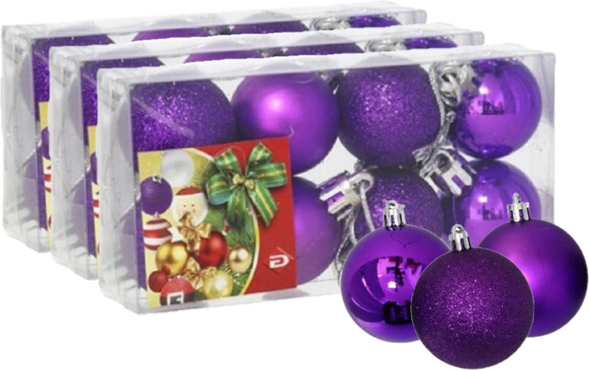 24x stuks kerstballen paars mix van mat/glans/glitter kunststof diameter 3 cm - Kerstboom versiering