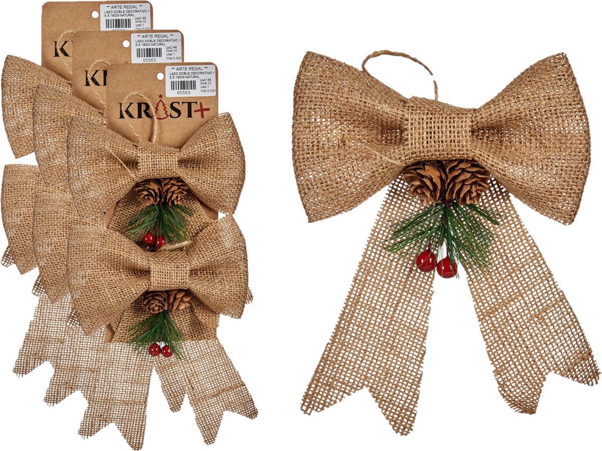 Beige glinsterende jute kersthangers in strikvorm voor kerstboomdecoratie.