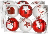 12x pcs boules de Noël décorées en plastique rouge et blanc diamètre 6 cm - Décoration de sapin de Noël