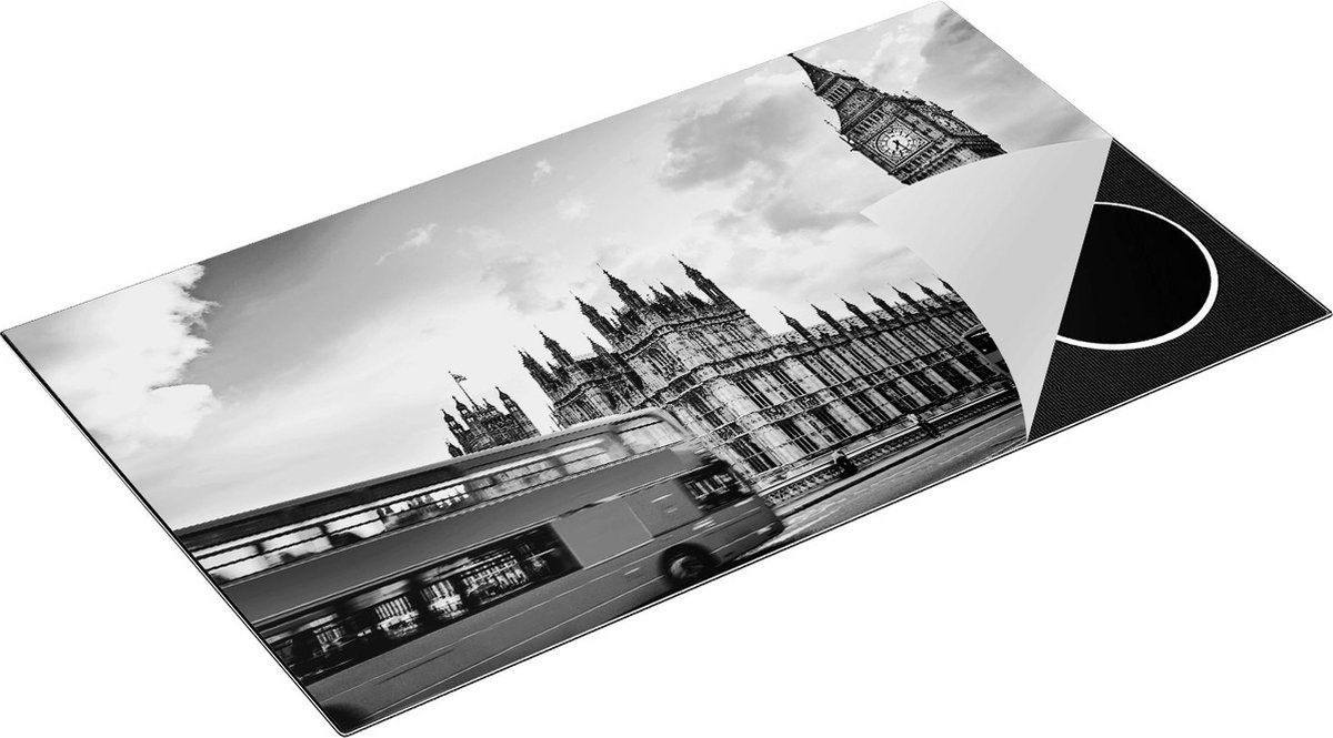 Chefcare Inductie Beschermer Rode Bussen in Londen - Retro - Zwart Wit - 90x50 cm - Afdekplaat Inductie - Kookplaat Beschermer - Inductie Mat