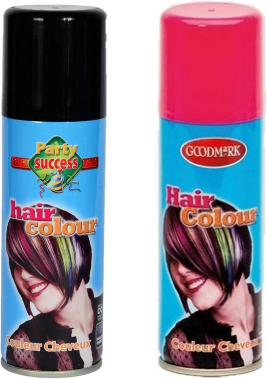 Two cans of Goodmark hairspray, one black, one pink, with an image of a girl with multi-colored hair.