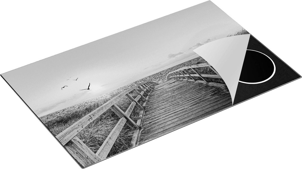 Chefcare Inductie Beschermer Voetpad met Zee en Vogels - Zwart Wit - 85x50 cm - Afdekplaat Inductie - Kookplaat Beschermer - Inductie Mat