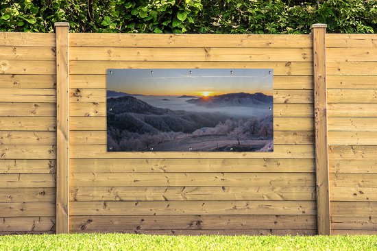 Tableau jardin d'hiver - Montagnes - Affiche jardin - Toile jardin - Hiver - Soleil - Soir - Décoration de jardin - 200x100 cm