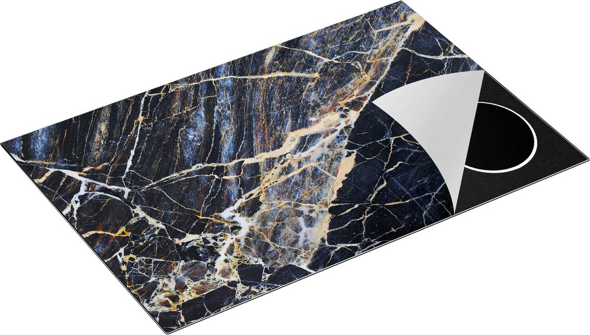 Chefcare Inductie Beschermer Abstracte Kunst - Goud en Donker Blauwe Marmer - 80x55 cm - Afdekplaat Inductie - Kookplaat Beschermer - Inductie Mat