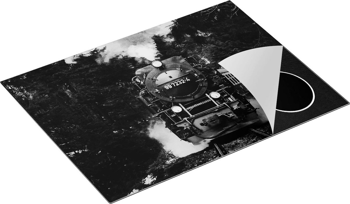 Chefcare Inductie Beschermer Locomotief in de Bossen met Stoom Wolken - Zwart Wit - 70x55 cm - Afdekplaat Inductie - Kookplaat Beschermer - Inductie Mat