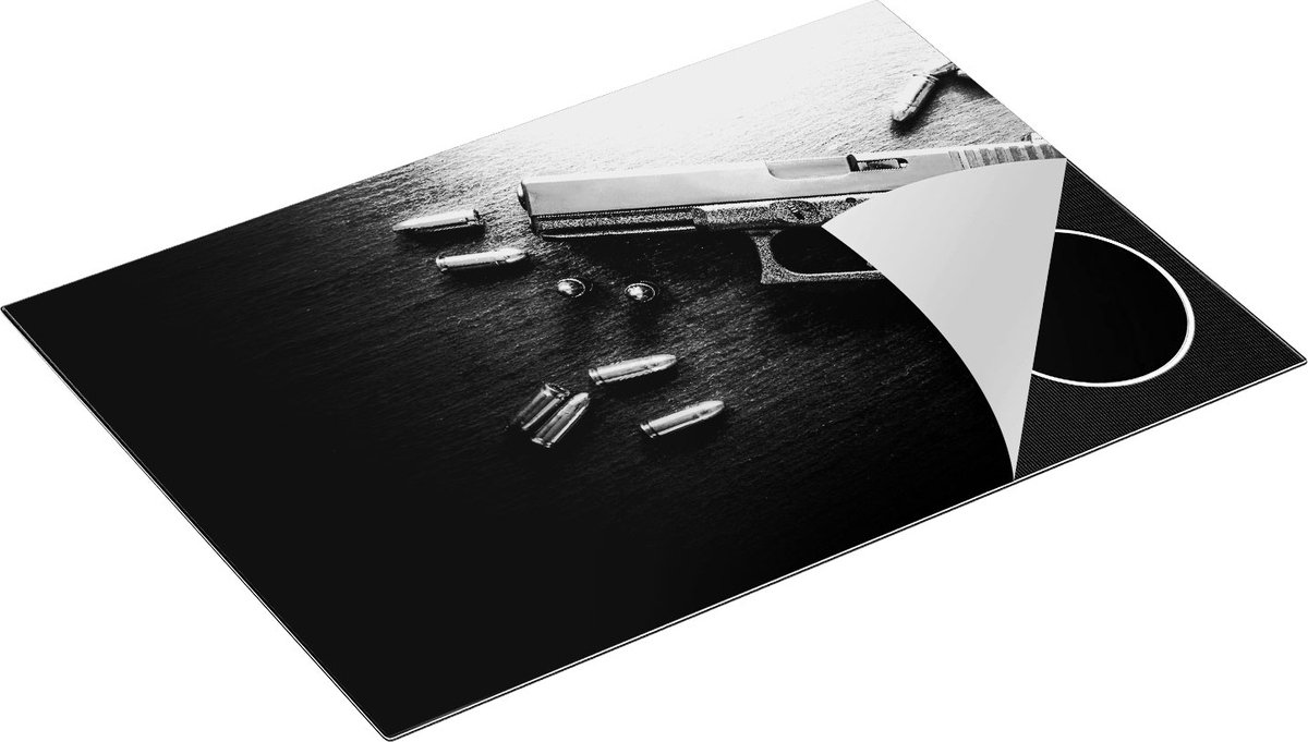 Chefcare Inductie Beschermer Pistool met Kogels op Tafel - Zwart Wit - 75x50 cm - Afdekplaat Inductie - Kookplaat Beschermer - Inductie Mat
