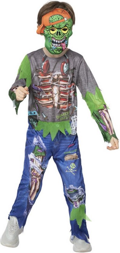 Smiffy's - Zombie Kostuum - Coole Te Lang Aan Het Gamen Zombie Kind Kostuum - Blauw, Groen, Grijs - Large - Halloween - Verkleedkleding
