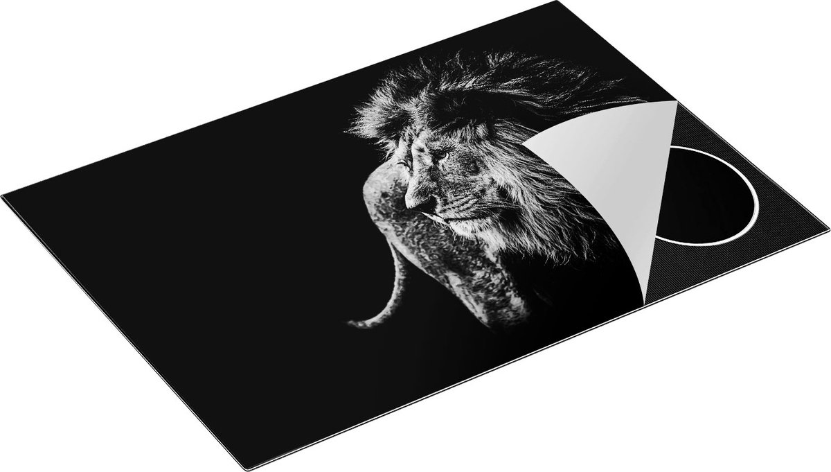 Chefcare Inductie Beschermer Harige Leeuwenkop - Leeuw - Zwart Wit - 75x50 cm - Afdekplaat Inductie - Kookplaat Beschermer - Inductie Mat