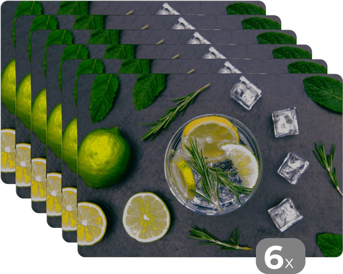 Placemat - Placemats kunststof - Drank - Fruit - Beker - Citroen - 45x30 cm - 6 stuks - Hittebestendig - Anti-Slip - Onderlegger - Afneembaar