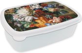 Broodtrommel Wit - Lunchbox - Brooddoos - Kunst - Oude meesters - Boeket bloemen in een urn - 18x12x6 cm - Volwassenen