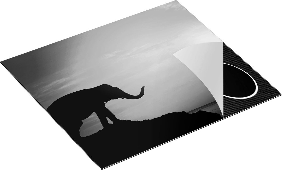 Chefcare Inductie Beschermer Olifant op een Rots aan de Zee bij Zonsondergang - Zwart Wit - 60x50 cm - Afdekplaat Inductie - Kookplaat Beschermer - Inductie Mat