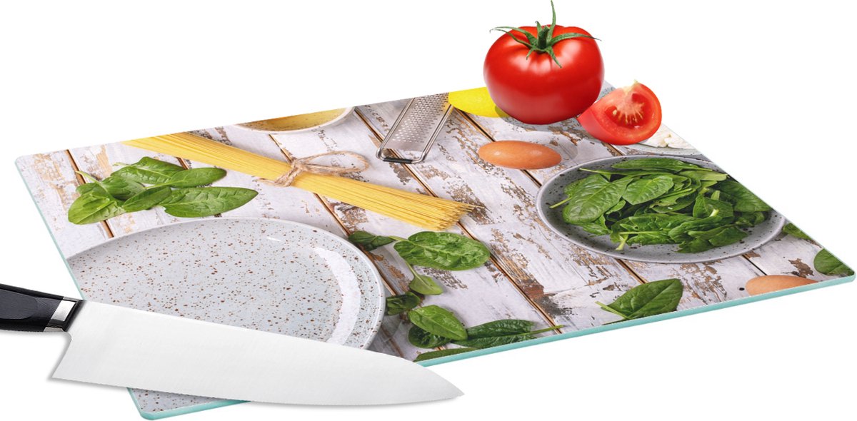 Glazen Snijplank - 39x28 - Pasta - Kruiden - Ei - Citroen - Keuken - Snijplanken Glas