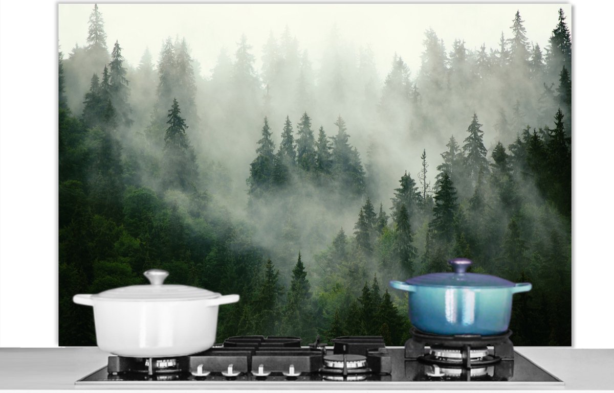 KitchenYeah - Spatscherm - Natuur - Bos - Boom - Berg - Koken - 120x80 cm - Muurbeschermer