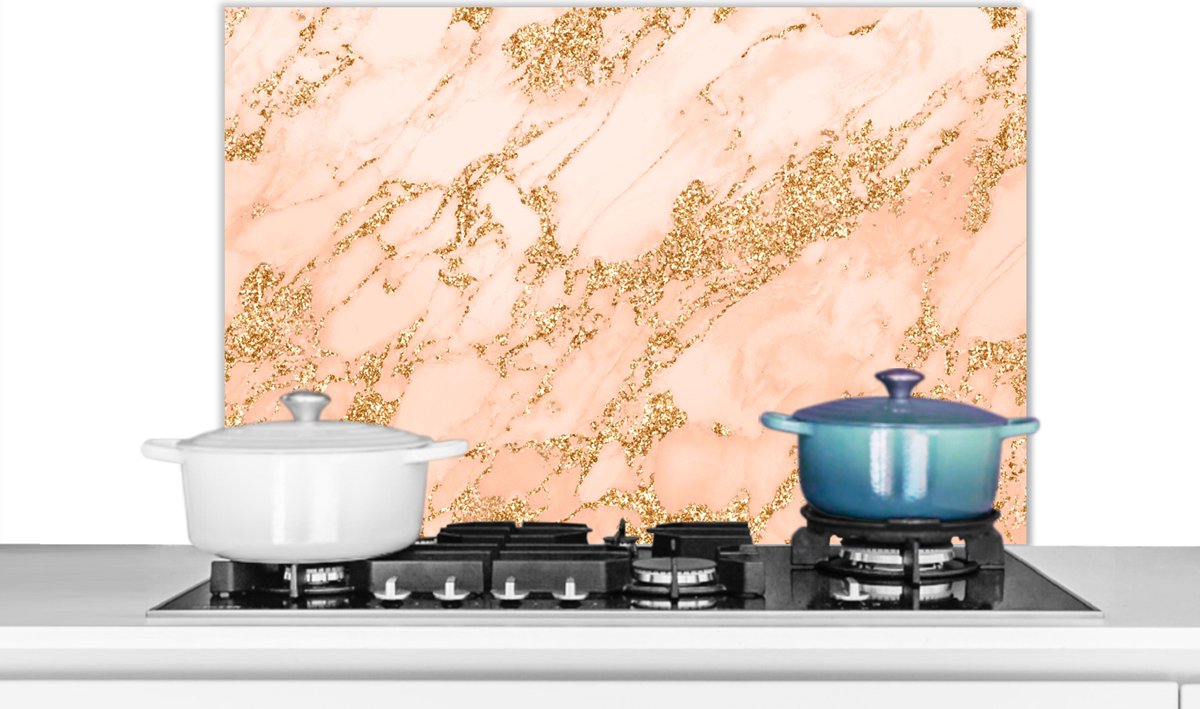 Spatscherm keuken - Glitter - Marmerlook - Goud - Roze - Design - Spatwand - 80x55 cm - Muurbeschermer