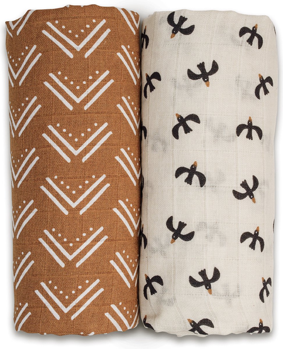 Lulujo swaddle 100x100 2-pack - Black Birds & Mudcloth