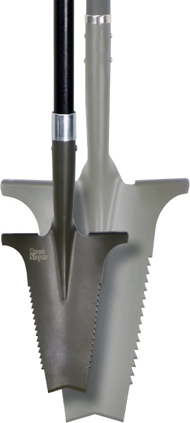 Gedetailleerde opname van een Root Slayer schopblad met kartelrand, met een lichtere versie erachter.