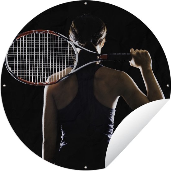 Tuincirkel Tennisspeelster op een zwarte achtergrond - 90x90 cm - Ronde Tuinposter - Buiten