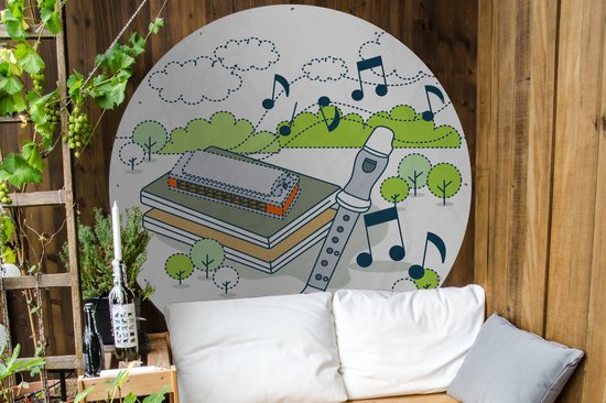 Cercle de jardin dessin d'une flûte avec des arbres et des notes de musique - 150x150 cm - Affiche ronde de jardin - Extérieur