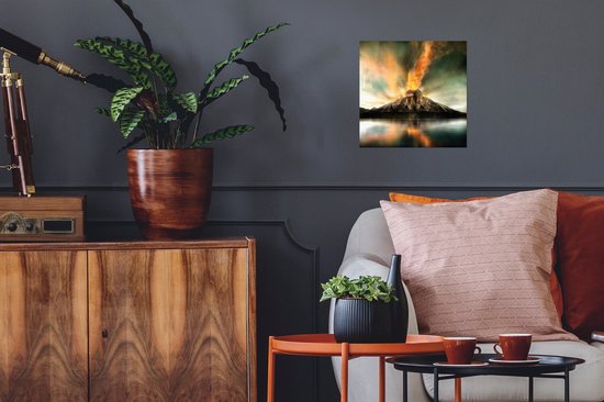 Affiche éruption volcanique active derrière un lac 30x30 cm - Tirage photo sur Poster (décoration murale salon / chambre) / Affiche Catastrophes naturelles