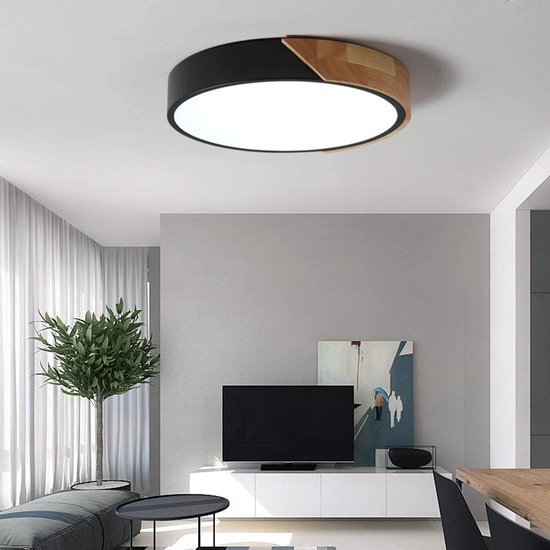 Houten Plafondlamp - Moderne Lamp - Plafondverlichting Slaapkamer - 30 cm -  Zwart -... | bol.com