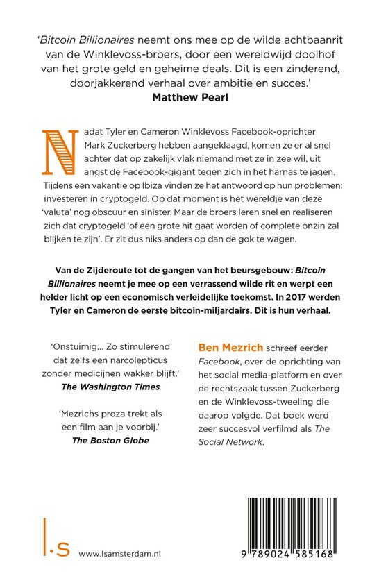 Informatie over het boek Bitcoin Billionaires met een citaat van Matthew Pearl.