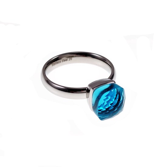 Solitaire Ring met Aqua/Blauw Kristal - Roestvrij Stalen Zilverkleur - Dames Ring