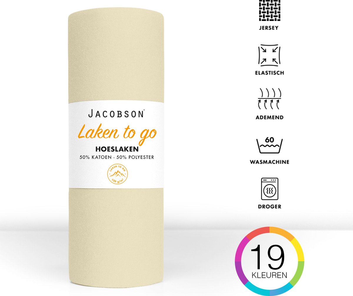 Jacobson - Hoeslaken - 90x200cm - Jersey Katoen - tot 25cm matrasdikte - Natural / Crème