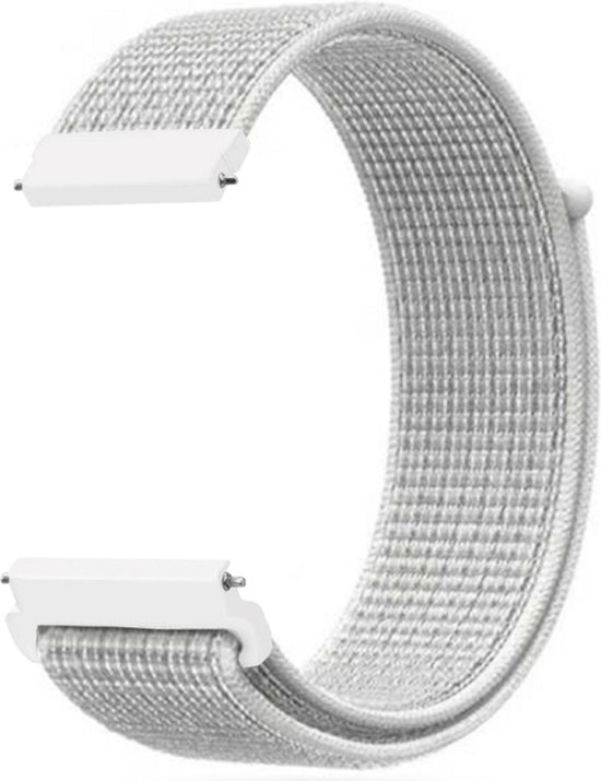 Gebroken wit nylon horlogebandje met witte connectoren, passend op een smartwatch.